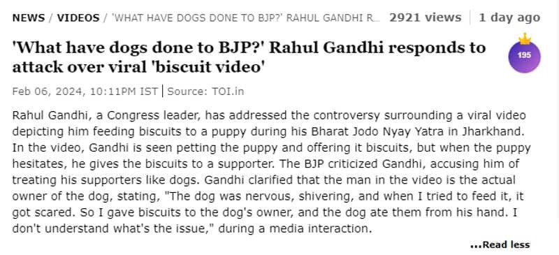video of Rahul Gandhi given a biscuit rejected by dog to a party worker is misleading fact check