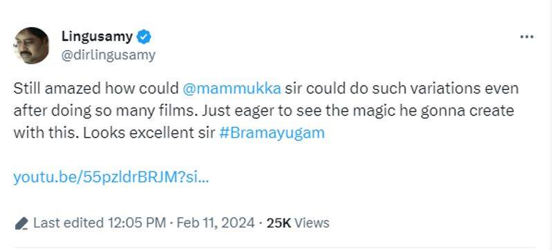 tamil director lingusamy praises actor mammootty movie Bramayugam nrn 