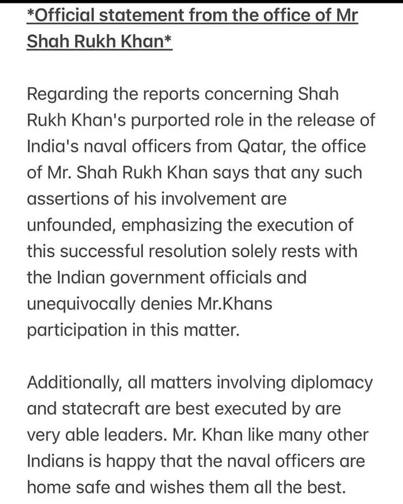 Shah Rukh Khan denies role in release of 8 jailed ex-navy veterans from Qatar; says media reports 'unfounded' AJR