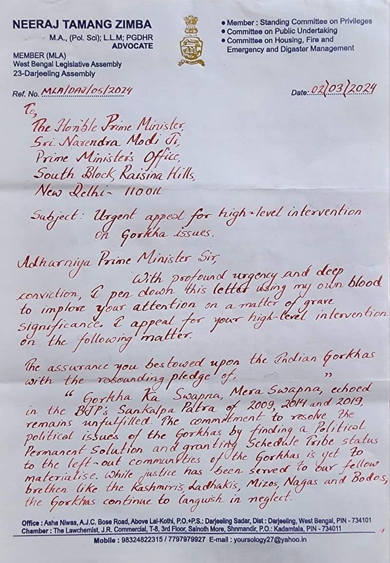 Darjeeling BJP MLA writes letter to PM Modi in blood to remind him of promise on Gorkha issues; read here snt