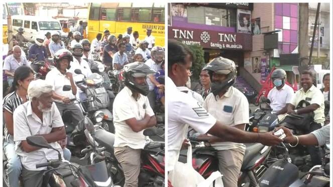 traffic police distribute free tiffin box who wear helmet in karur district vel