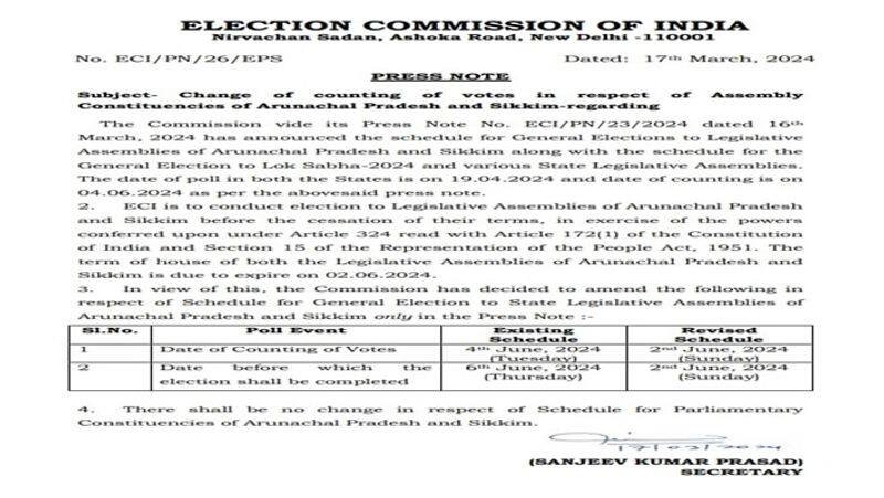 Election commission have changed vote counting dates for Arunachal Pradesh and Sikkim state assembly elections smp