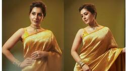Raashi Khanna latest look in gold color saree dtr