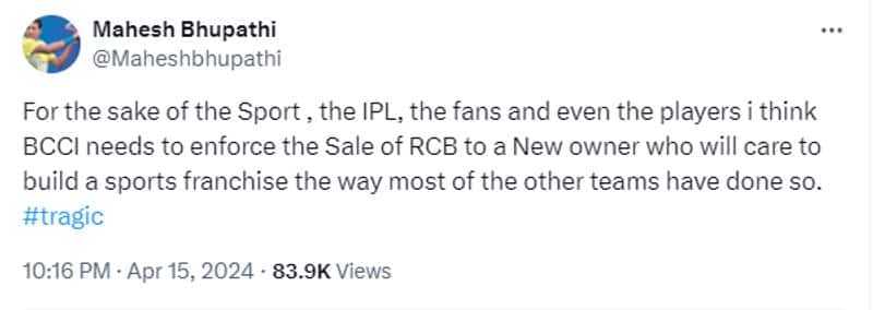 IPL 2024 Tennis legend Mahesh Bhupathi slams RCB and urges sale of Bengaluru franchise report