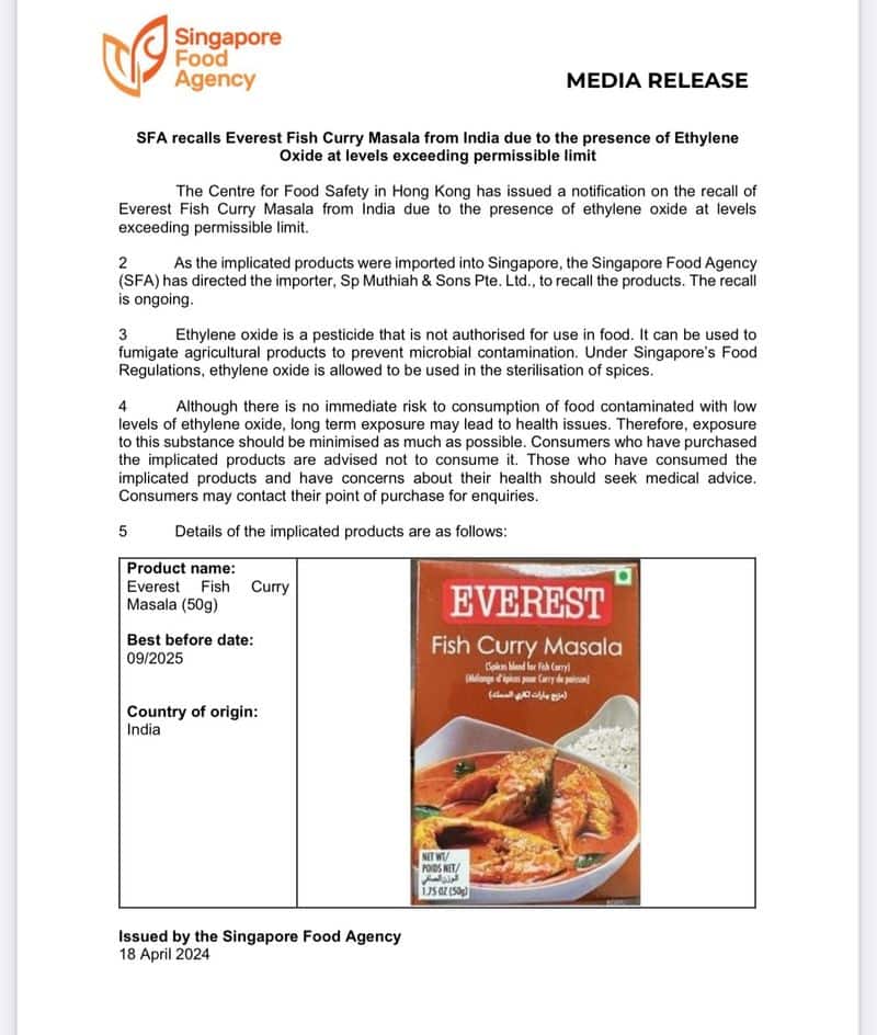 Everest Fish Curry Masala Has excess pesticide content Singapore recalls san