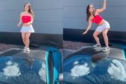 teen girl insta dance reels on an expensive Lamborghini car,  brokes car  glass !-sak