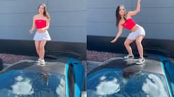teen girl insta dance reels on an expensive Lamborghini car,  brokes car  glass !-sak