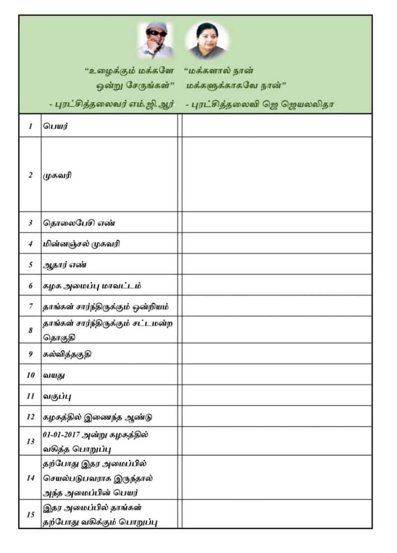Sasikala has distributed the application form to the volunteers to unify the AIADMK KAK