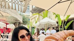 Vijayalakshmi Darshan enjoys her big mug coffee and giant croissant pav 