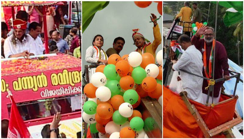 TVM Lok sabha election 2024 Pannyan Raveendran Shashi Tharoor Rajeev Chandrasekhar wrap up their campaigns atop cranes