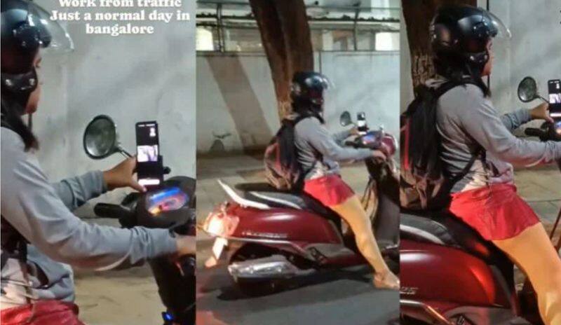 Work From Traffic Bengaluru Woman Attends Zoom Meeting On Scooter KRJ