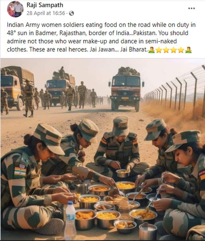 Fact Check AI generated image sharing as Indian Army womens having food on road amid 48 degree Celsius