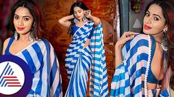 Serial Actress Shobha shetty looks beautiful in Blue and white combination saree Vin