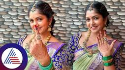 Colors Kannada Geetha Bhavya gowda votes in wedding attire vcs