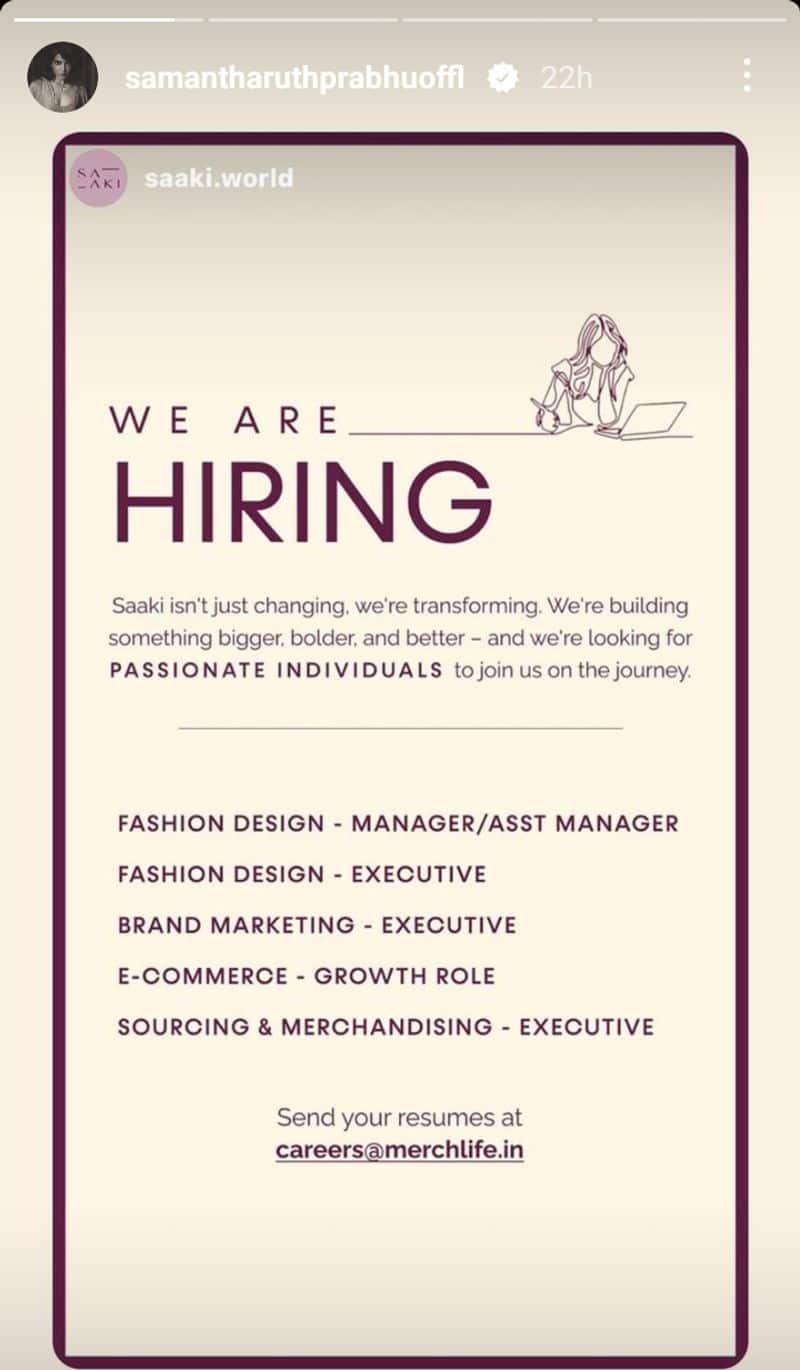 heroine samantha hiring for saaki fashion brand apply for these positions ksr 