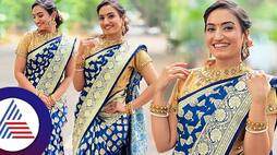 Serial Actress Vaishnavi Gowda in Blue saree look, Netisens comment about mismatch blouse Vin