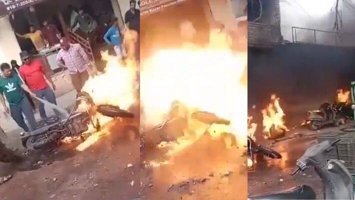 Watch Video Royal Enfield Bike explode in road 10 injured at Hyderabad ckm