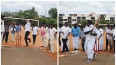 minister meiyanathan played cricket at sports inauguration event in pudukkottai vel