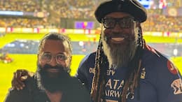 Chris Gayle and actor Rishabh Shetty watching RCB vs CSK 68th IPL Match at M Chinnaswamy Stadium rsk