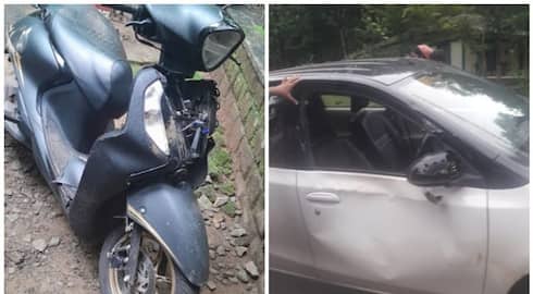wild elephant attacked car and scooter on road in Athirappilly 