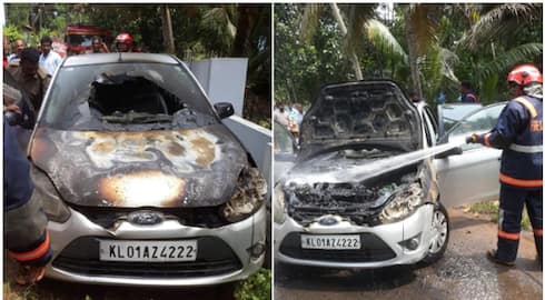 smoke in car on road passengers get out suddenly front and engine part catches fire vizhinjam thiruvananthapuram