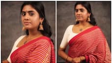 actress nimisha sajayan red saree viral photo shoot 