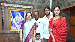 Nikhil Kumaraswamy with with wife revathi union minister hd kumaraswamy visits Shirdi Sai Mandir pav