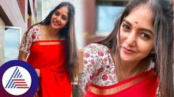 Geetha serial Bhavya gowda in red mysore silk saree and white blouse traditional look vcs