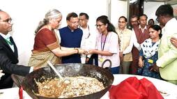 Finance Minister Nirmala Sitharaman distributed halwa to members of Budget Press and other staffs sgb