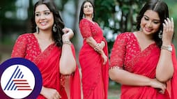 Mouna Guddemane of colors kannada ramachari serial stunning look in red saree pav