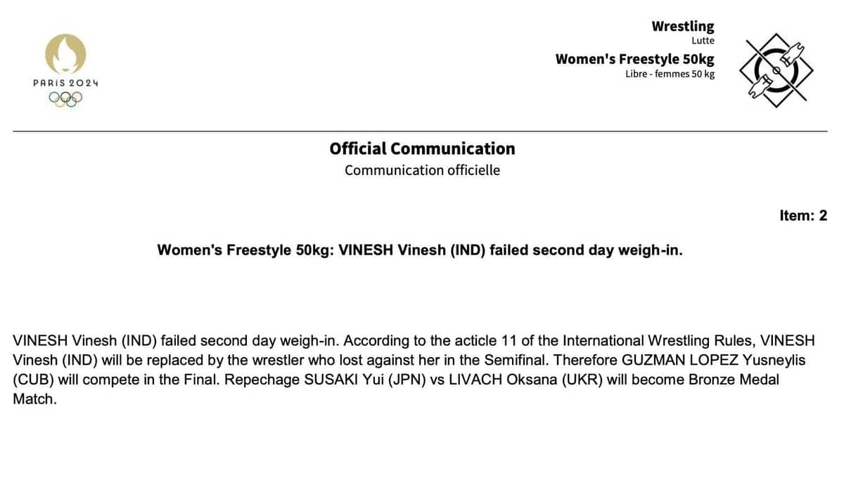 its Official now, IOC officially announces Vinesh Phogat disqualified