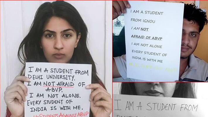 Students joins Gurmehar Kaurs protest against ABVP placard goes viral Students joins Gurmehar Kaurs protest against ABVP placard goes viral